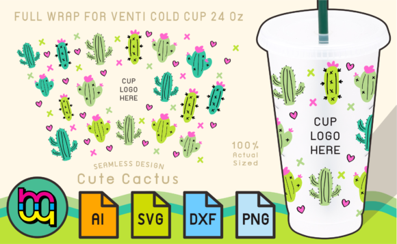 24oz Cold Cup Full Wrap Cute Cactus