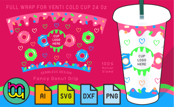 24oz Cold Cup Full Wrap Fancy Donut Drip