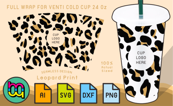 24oz Cold Cup Full Wrap Leopard Print