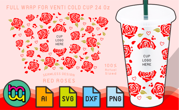 24oz Cold Cup Full Wrap Red Roses