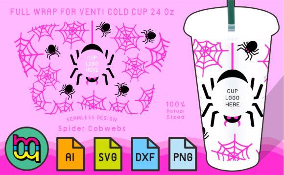 24oz Cold Cup Wrap Pink Spider Cobwebs