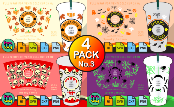 4 Pack 3 Halloween 24oz Cold Cup Wraps