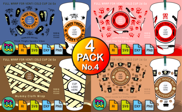 4 Pack 4 Halloween 24oz Cold Cup Wraps